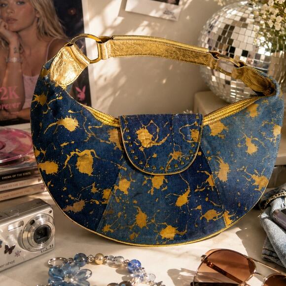 jean drene Handbags - Y2K Denim & Gold Metallic Shoulder Bag Boho Glam Streetwear Purse
